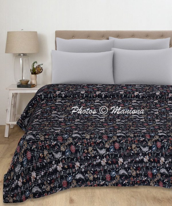 Evergreen Black Rare Print Cotton Kantha Blanket