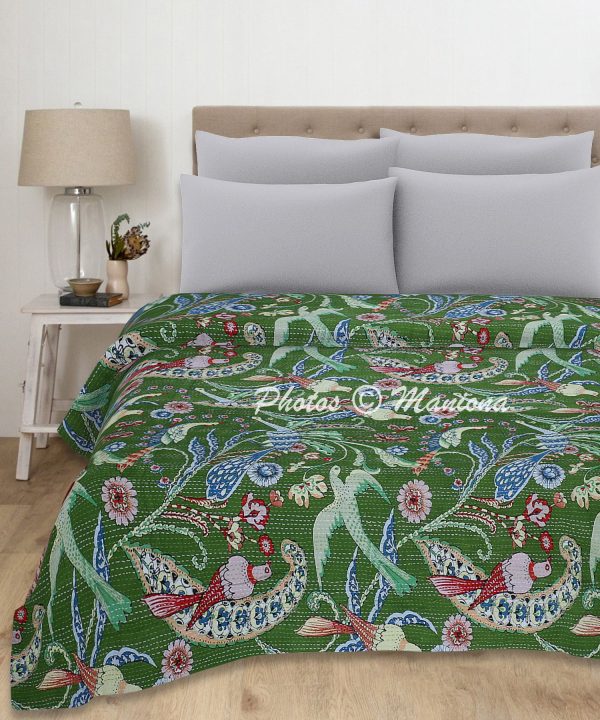 Kantha Bedspread Floral Printed Cotton Sheet