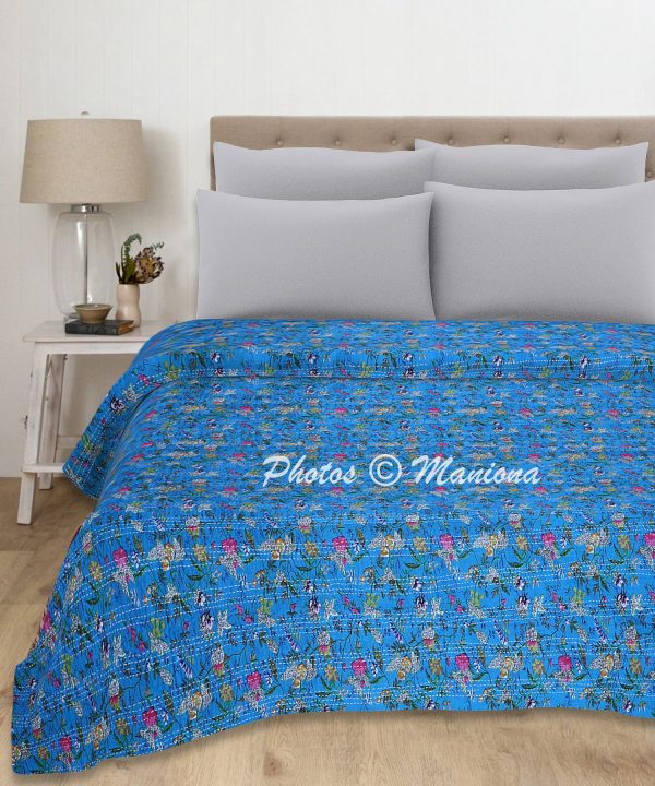 Blue Floral Cotton Bohemian Kantha Quilt