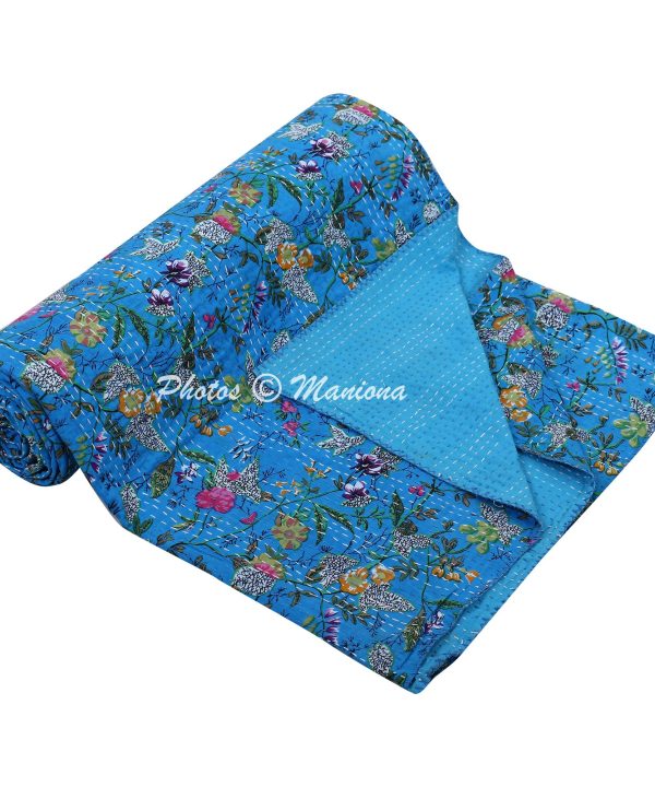 Alternative view of Blue Floral Cotton Bohemian Kantha Quilt