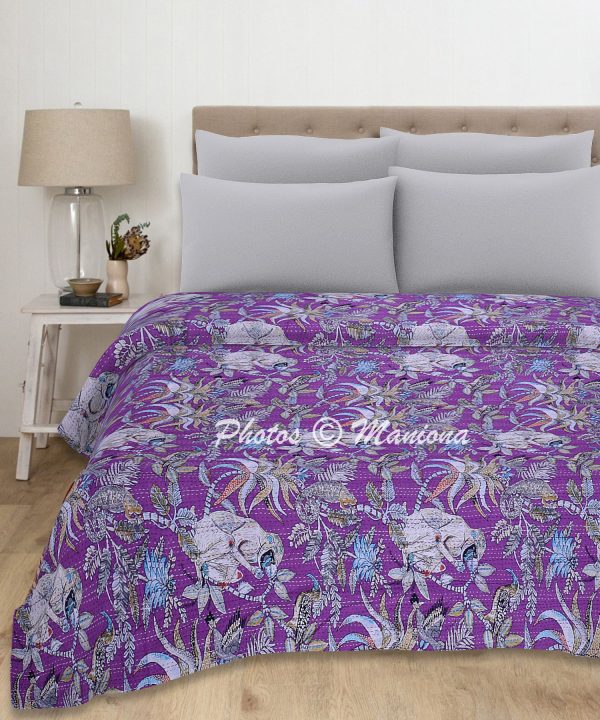 Monkey Print Purple Kantha Bedspread