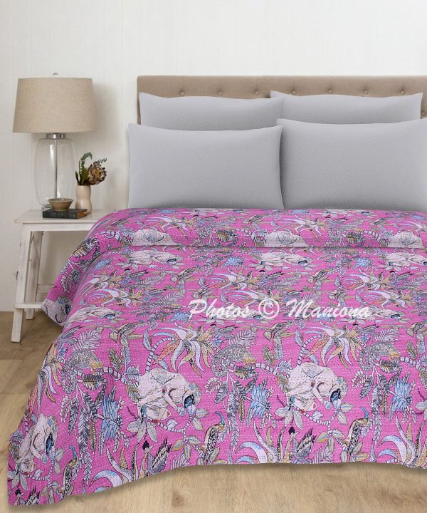 Monkey Print Cotton Floral Kantha Quilt