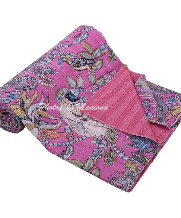 Alternative view of Monkey Print Cotton Floral Kantha Quilt