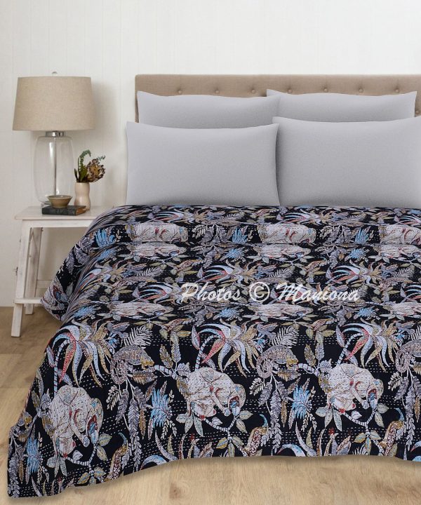 Monkey Print Black Kantha Throw Blanket