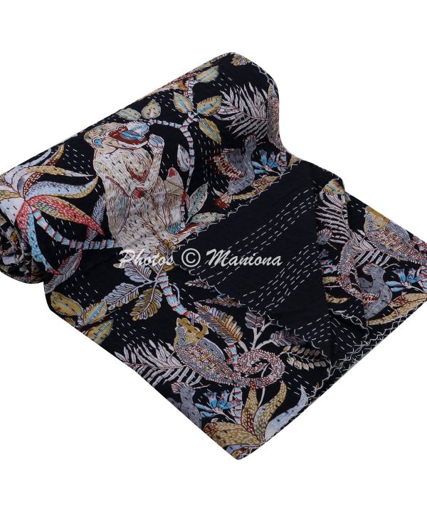 Alternative view of Monkey Print Black Kantha Throw Blanket