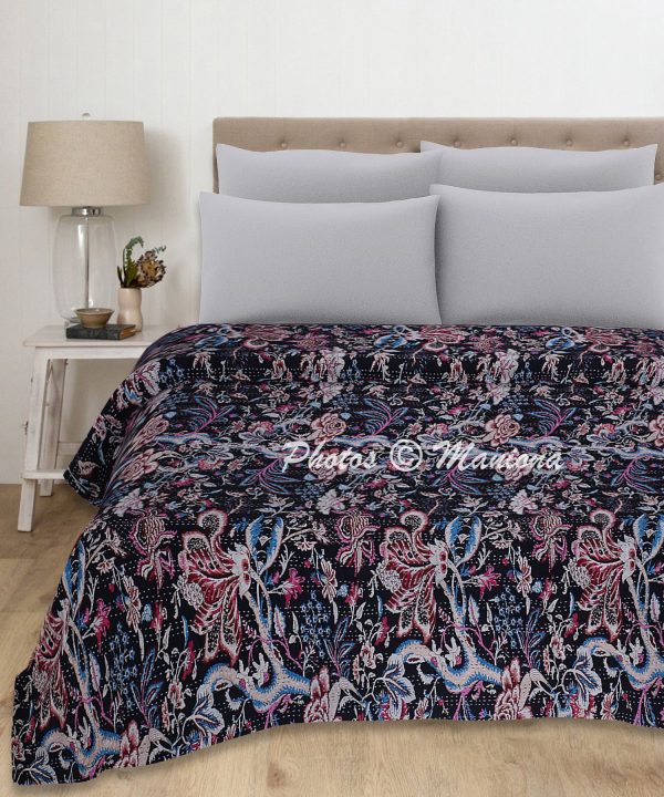 Black Floral Kantha cotton Blanket
