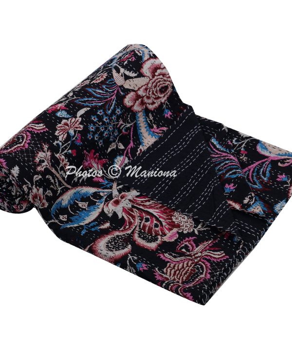 Alternative view of Black Floral Kantha cotton Blanket