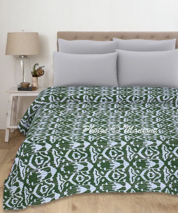 Olive Green Ikat Kantha Throw