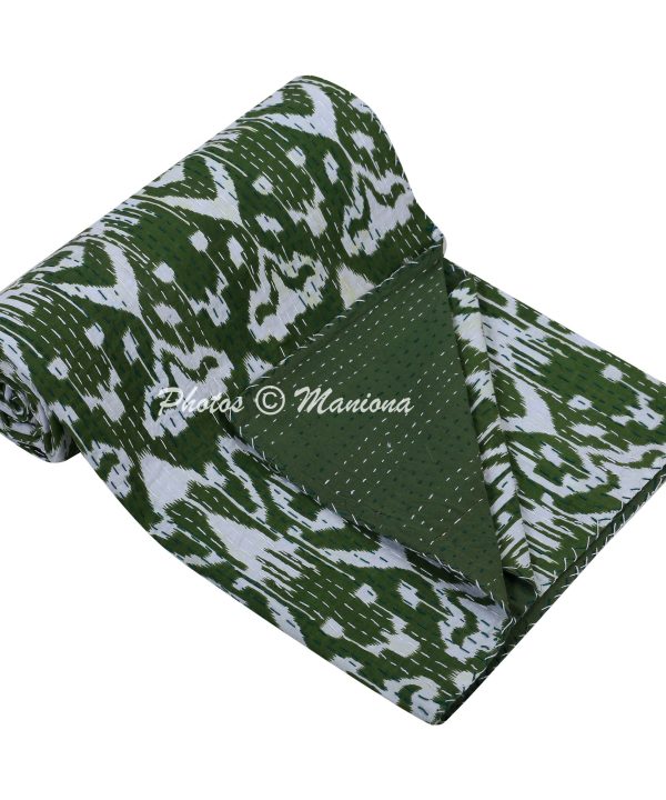 Alternative view of Olive Green Ikat Kantha Throw