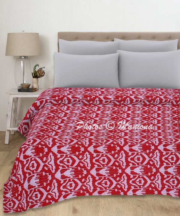 Red Ikat Print Kantha Bohemian Blanket