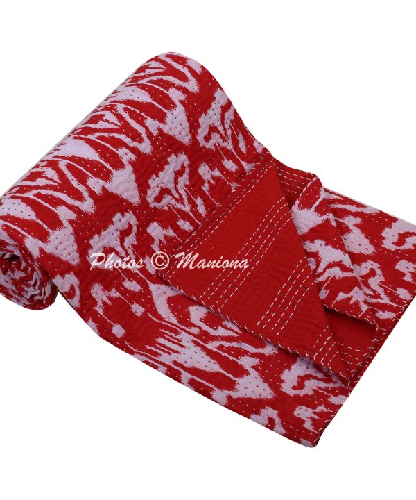 Alternative view of Red Ikat Print Kantha Bohemian Blanket