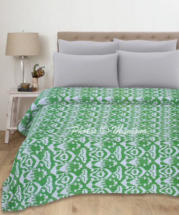 Green Ikat Bohemian Kantha Quilt
