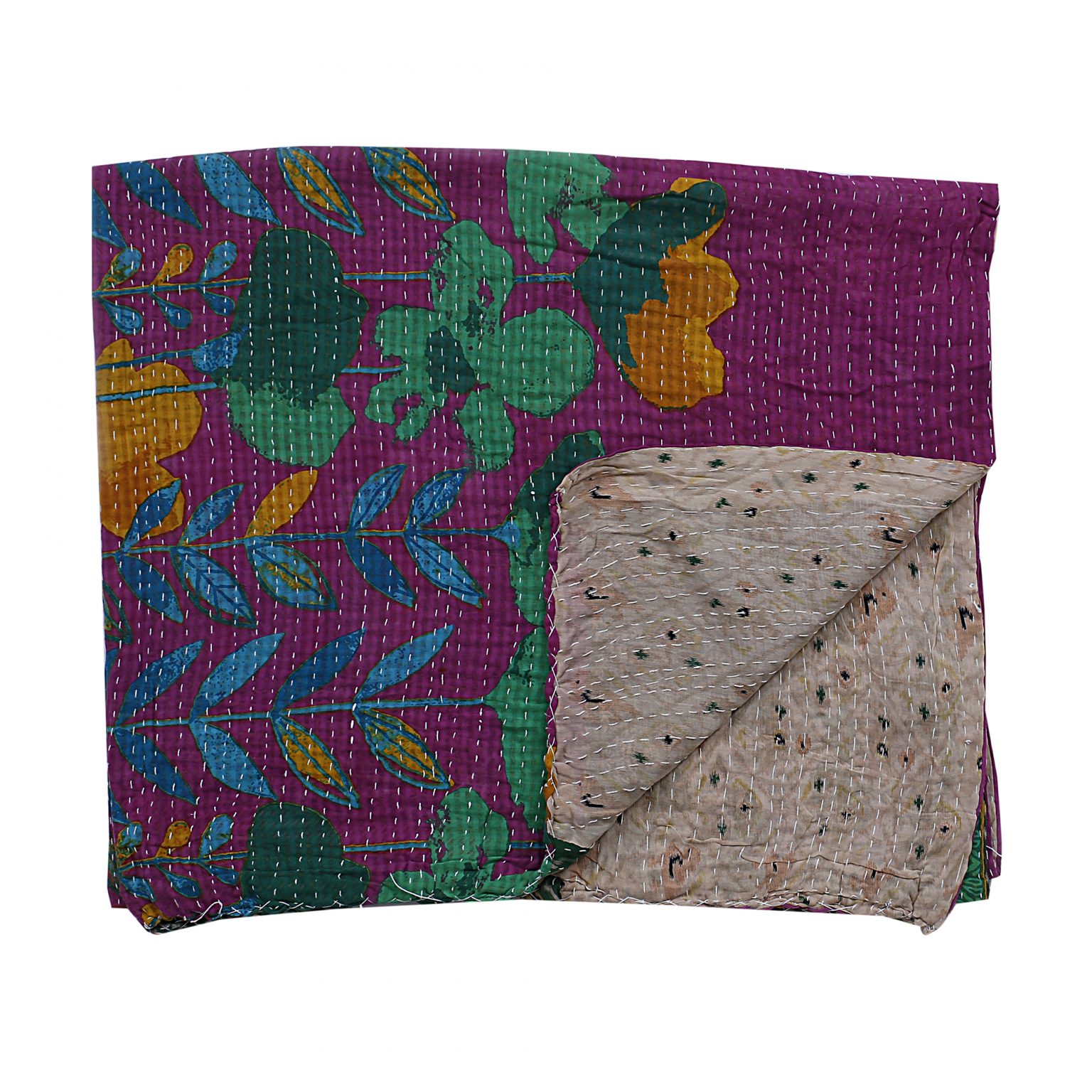 Reversible Kantha Sari Throw Twin Size Vintage Kantha Quilts, Throw