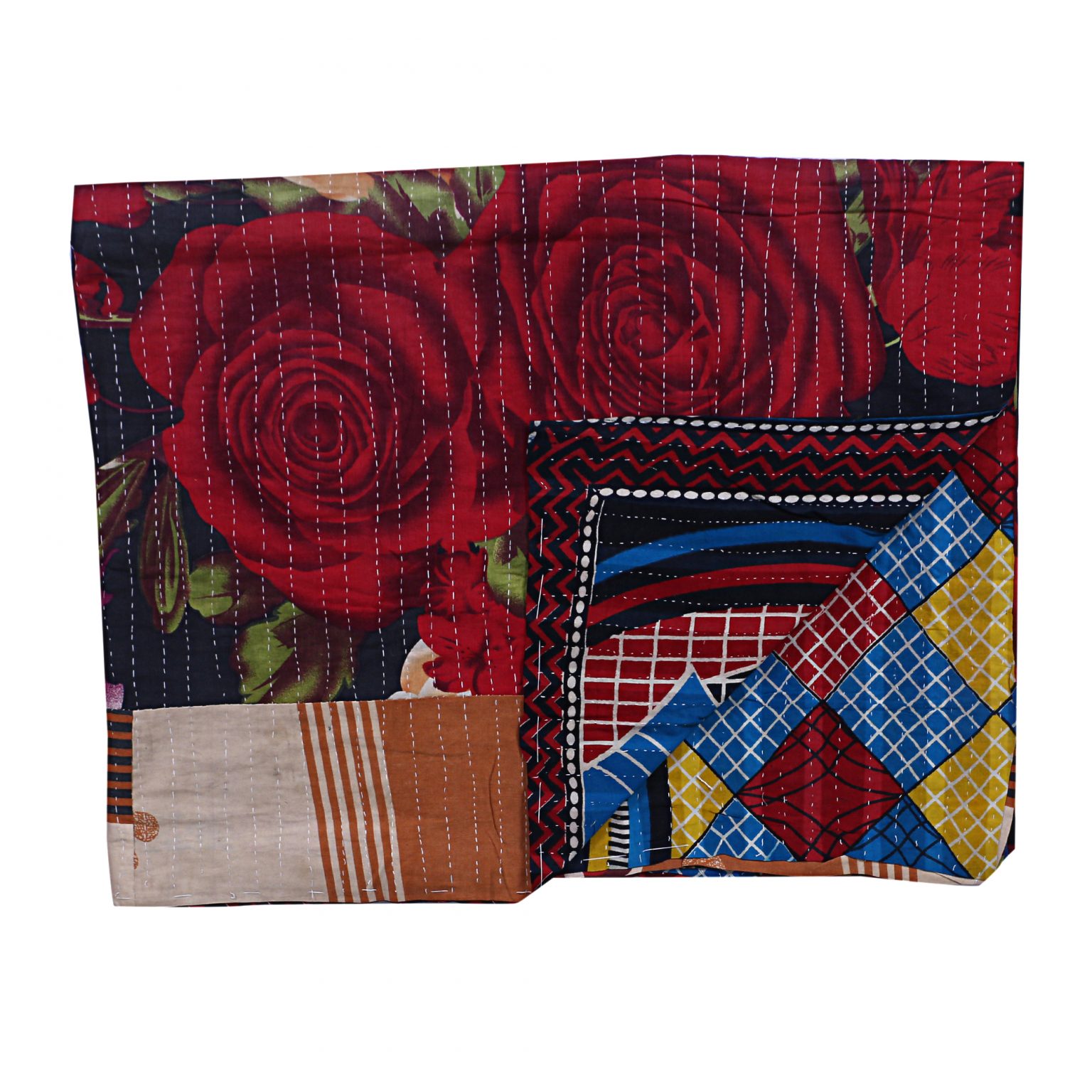 Big Red Roses Kantha Unique Rare Print Throw Vintage Kantha Quilts