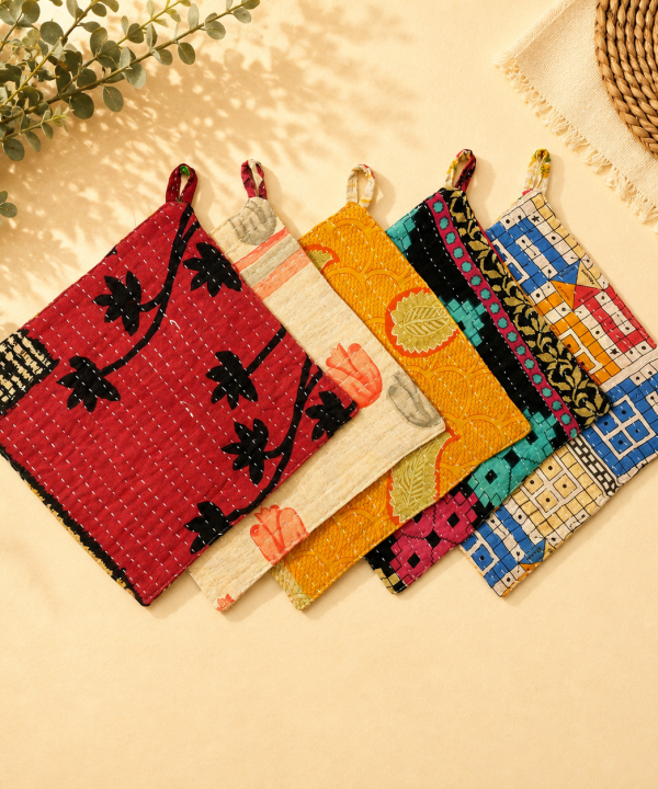Alternative view of Cotton Sari Kantha Pot Holder Set of 5