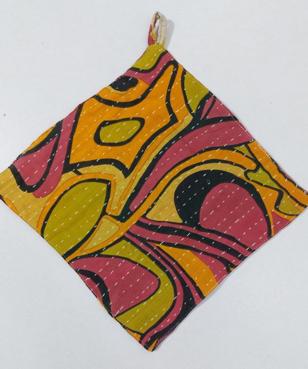 Alternative view of Floral Recycled Sari Kantha Set of 5 Potholder