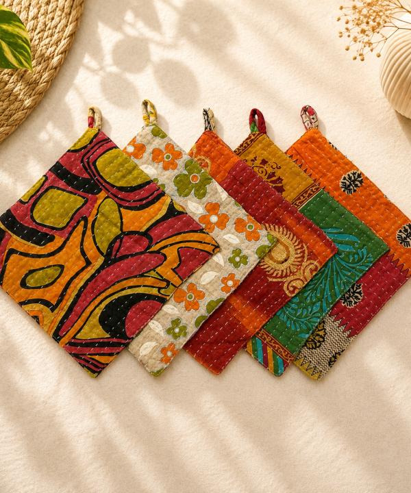 Floral Recycled Sari Kantha Set of 5 Potholder