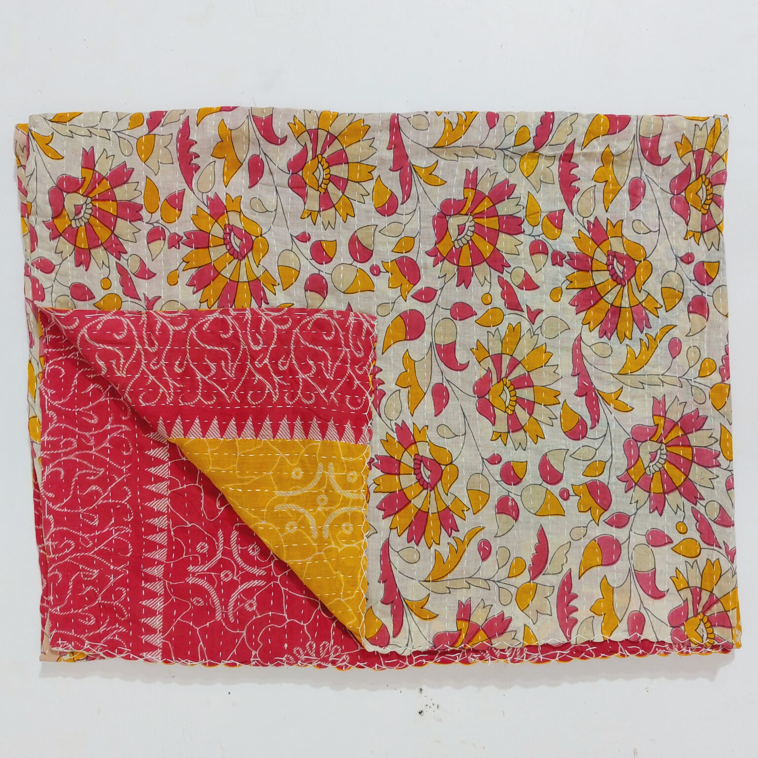 Reversible Floral Sari Kantha Quilt Vintage Kantha Quilts, Throw