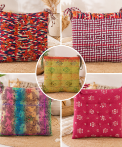 Set of 5 Vintage Kantha Chair Pads – Handmade Cotton Sari Seat Cushions with Ties