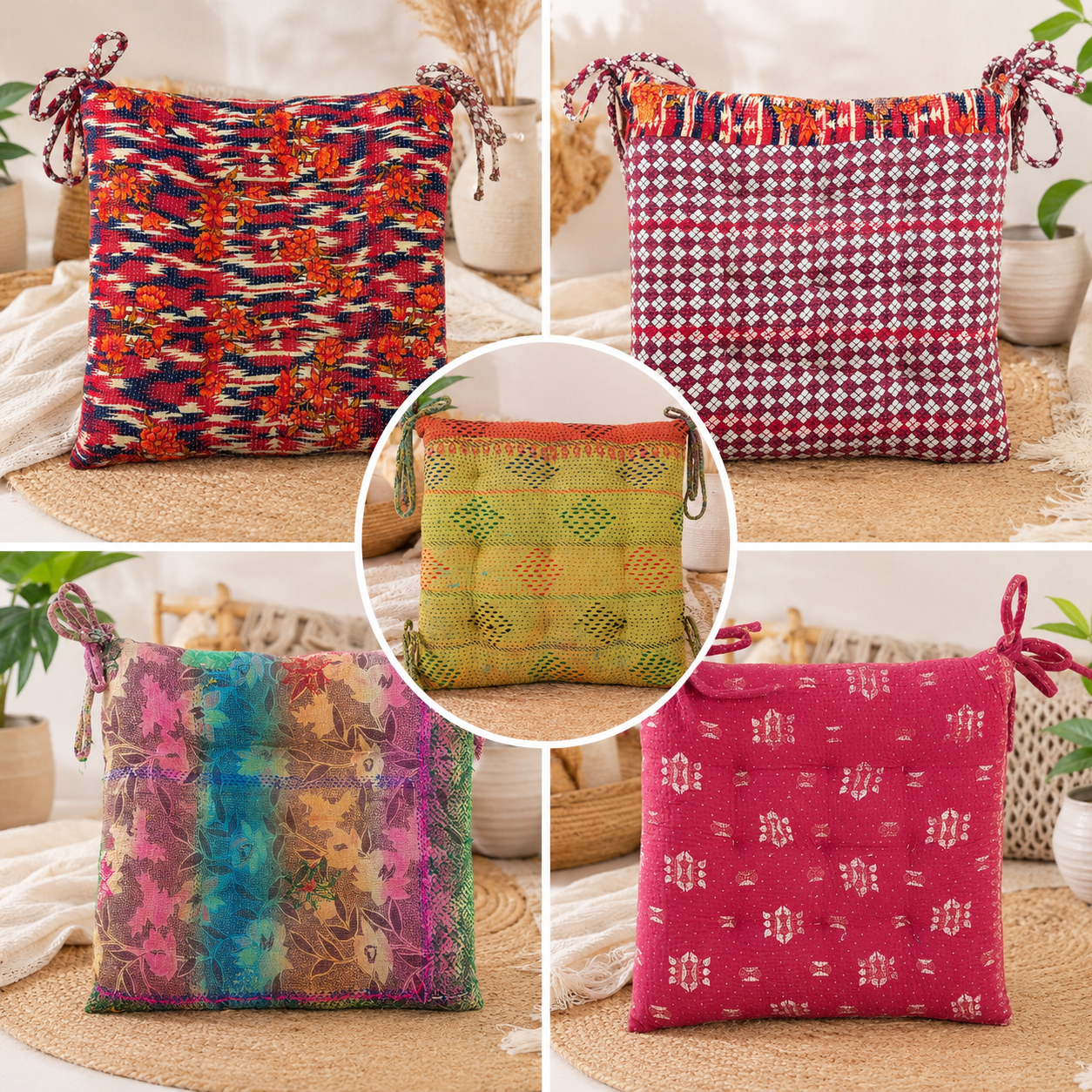 Set of 5 Vintage Kantha Chair Pads with Ties – Handmade Patchwork Cotton Seat Cushions – Boho Indian Chair Cushions - Image 3