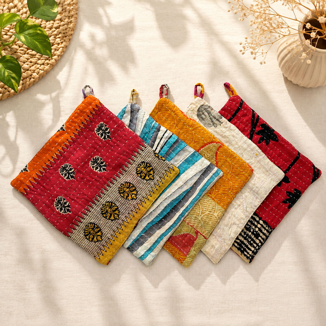 Set of 4 Vintage Kantha Pot Holders – Handmade Cotton Sari Hot Pads - Image 3