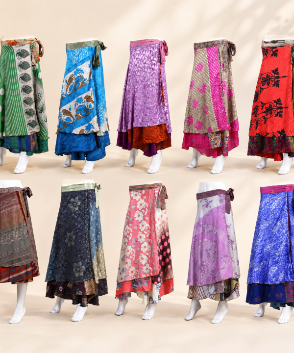5 Pcs Assorted Silk Wrap Skirts – Long Boho Recycled Sari Wrap Skirt Wholesale Lot for Women
