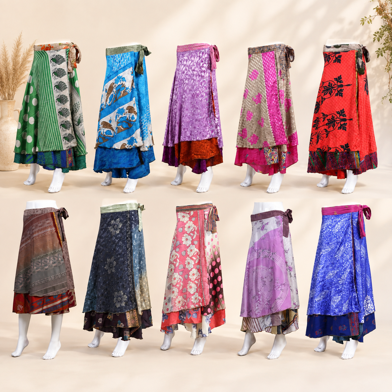 5 Pcs Assorted Silk Wrap Skirts – Long Boho Recycled Sari Wrap Skirt Wholesale Lot for Women