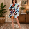 Light Blue Multicolor Patchwork Kantha Kimono Jacket – Handmade 3 Layer Cotton Belted Boho Robe for Women
