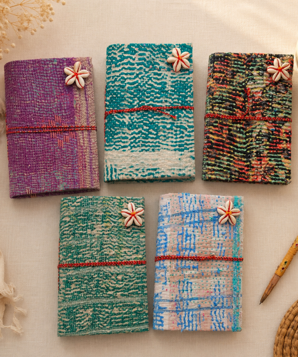 Set of 5 Vintage Kantha Journals – Handmade Recycled Fabric Notebook, Colorful Patchwork Diary, Boho Writing Journal