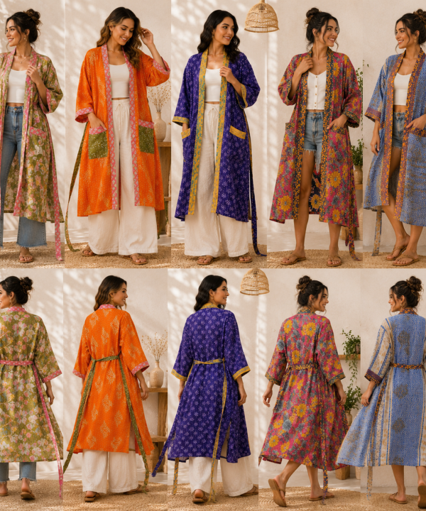 Vintage Kantha Kimono Robe 1 Pcs – Reversible Cotton Sari Patchwork Long Jacket