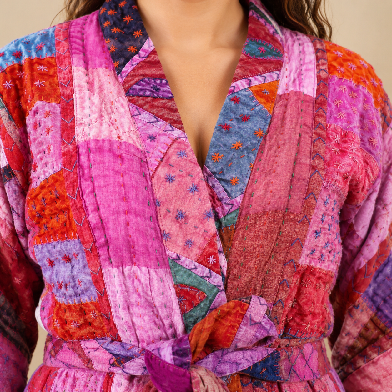 Pink Kantha Patchwork Kimono Robe – 3 Layer Cotton Handmade Jacket, Boho Quilted Indian Robe, One Size - Image 3