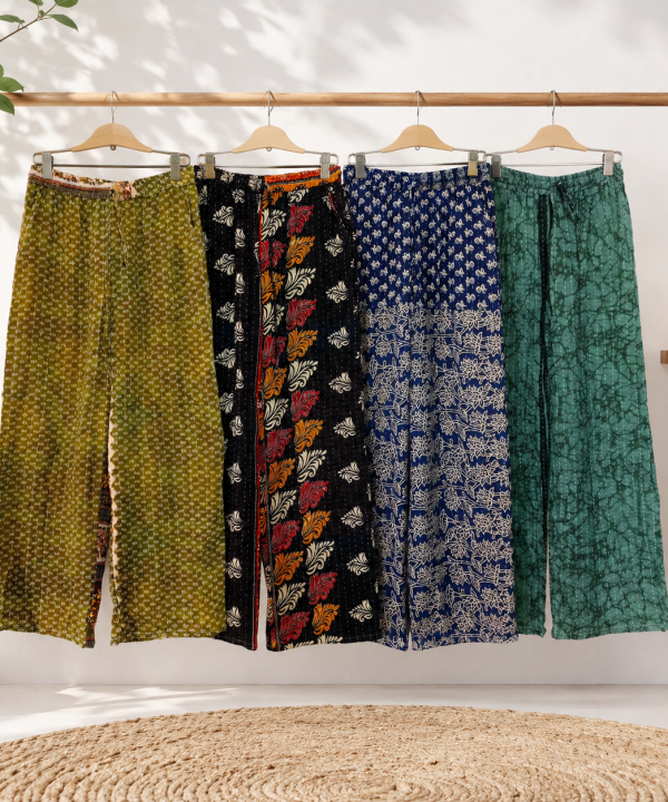 Vintage Kantha Wide Leg Pants 1 Pcs – Handmade Cotton Sari Palazzo Trousers