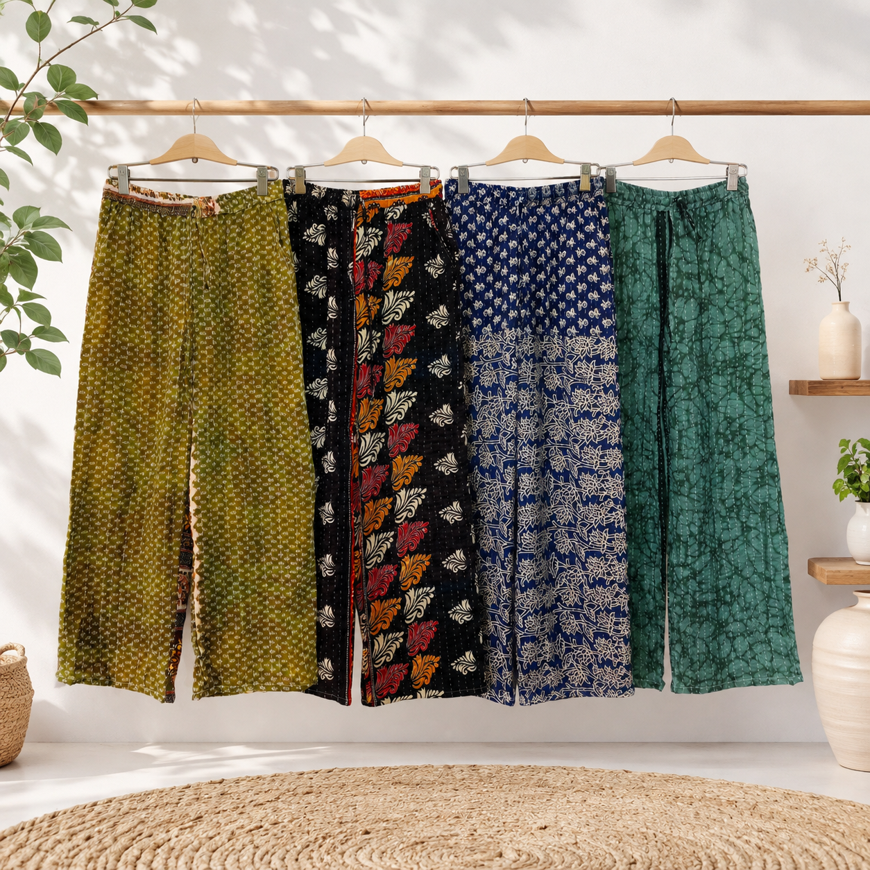 Vintage Kantha Wide Leg Pants 1 Pcs, Handmade Cotton Sari Palazzo Trousers, Boho Printed Relaxed Pants, Assorted Indian Kantha Bottoms - Image 2
