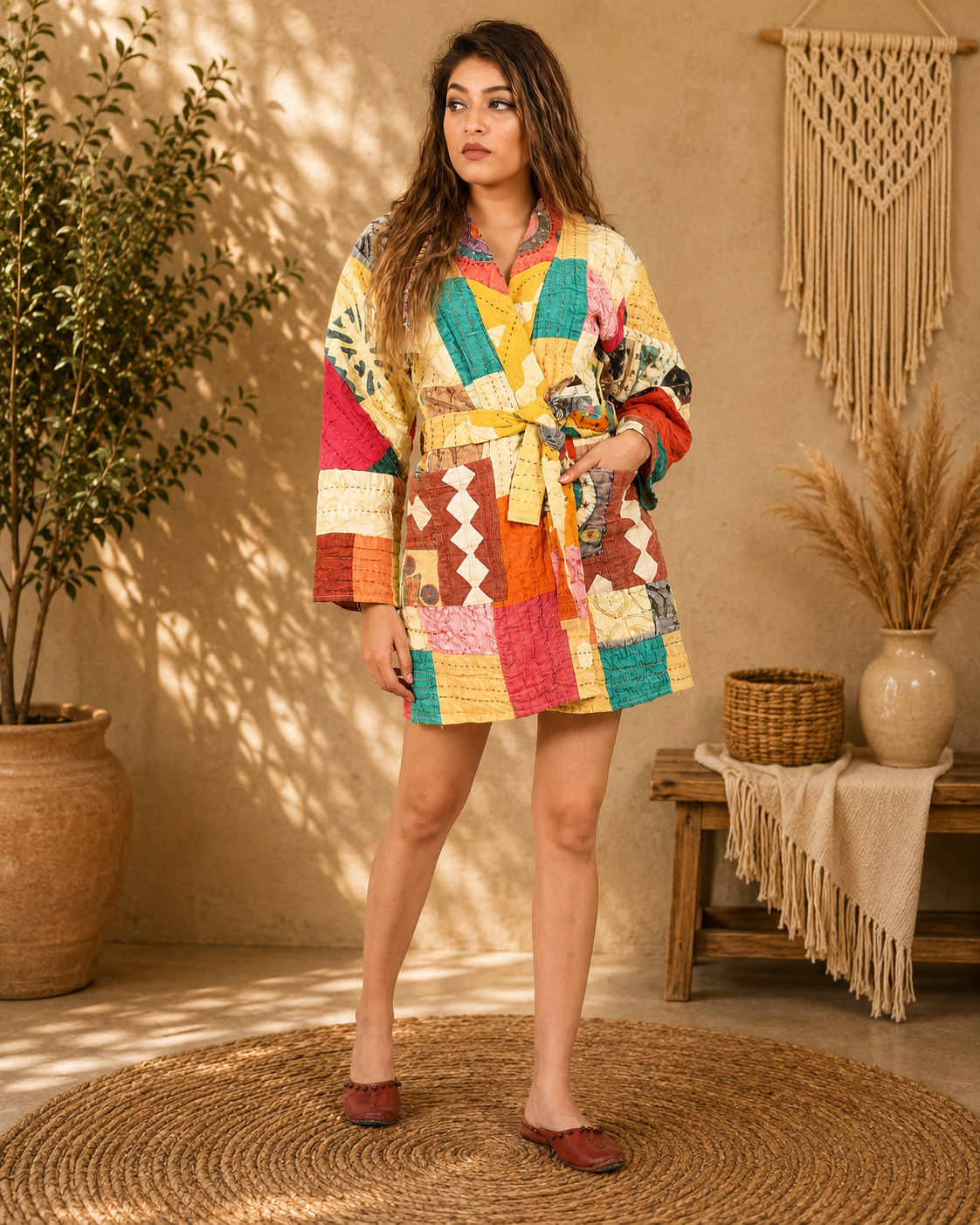 Multicolor Patchwork Kantha Jacket – 3 Layer Cotton Hand Stitched Boho Coat