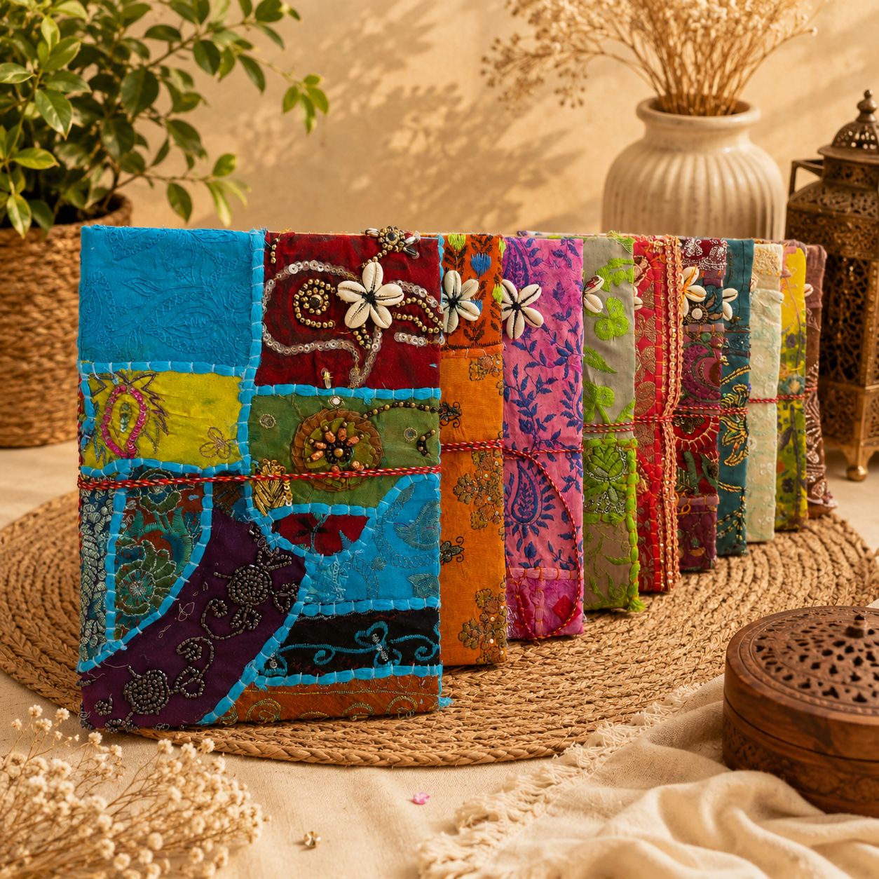 Set of 4 Vintage Kantha Handmade Journals – Recycled Sari Fabric Notebook, Boho Patchwork Diary, Indian Textile Journal