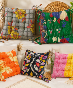 Alternative view of Vintage Kantha Chair Pad 15x15 Inches with Ties – Handmade Cotton Patchwork Seat Cushion – Boho Indian Chair Cushion – 1 Piece
