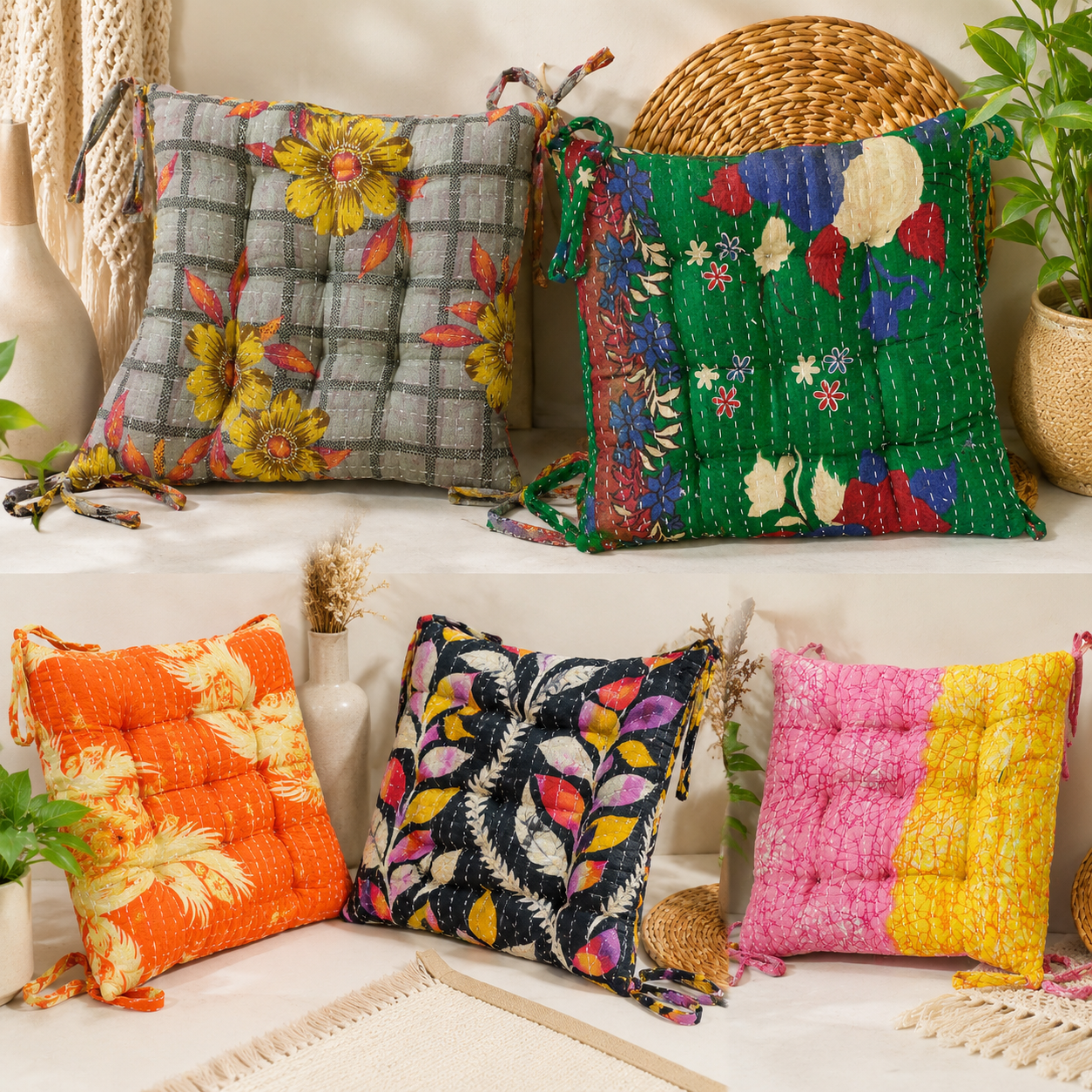 Vintage Kantha Chair Pad 15x15 Inches with Ties – Handmade Cotton Patchwork Seat Cushion – Boho Indian Chair Cushion – 1 Piece