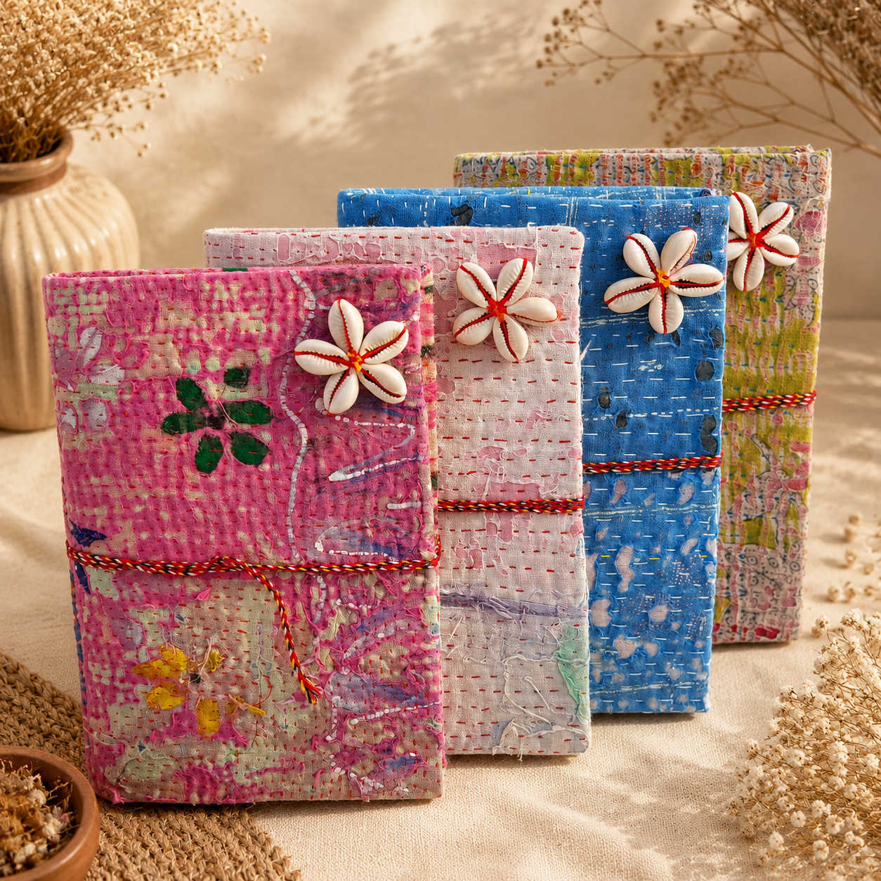 Set of 2 Vintage Kantha Handmade Journals – Recycled Sari Fabric Notebook, 100 Pages Boho Indian Diary