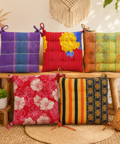 Set of 5 Vintage Kantha Chair Pads – Handmade Cotton Sari Seat Cushions with Ties