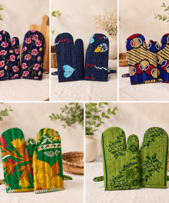 Vintage Kantha Oven Mitts Pair – Handmade Cotton Sari Quilted Kitchen Gloves