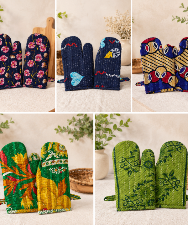 Vintage Kantha Oven Mitts Pair – Handmade Cotton Sari Quilted Kitchen Gloves