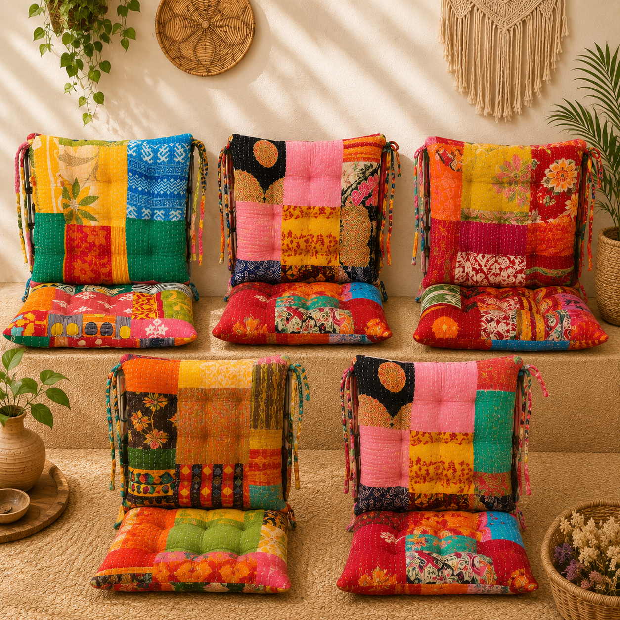 12x12 Vintage Kantha Chair Pad – Handmade Patchwork Cotton Seat Cushion - Image 5