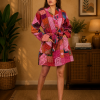 Pink & Red Multicolor Patchwork Kantha Kimono Jacket – Handmade 3 Layer Cotton Belted Boho Robe for Women - Image 2