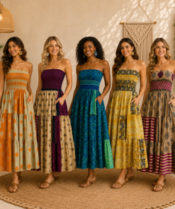 Handmade silk strapless smocked maxi dress for women