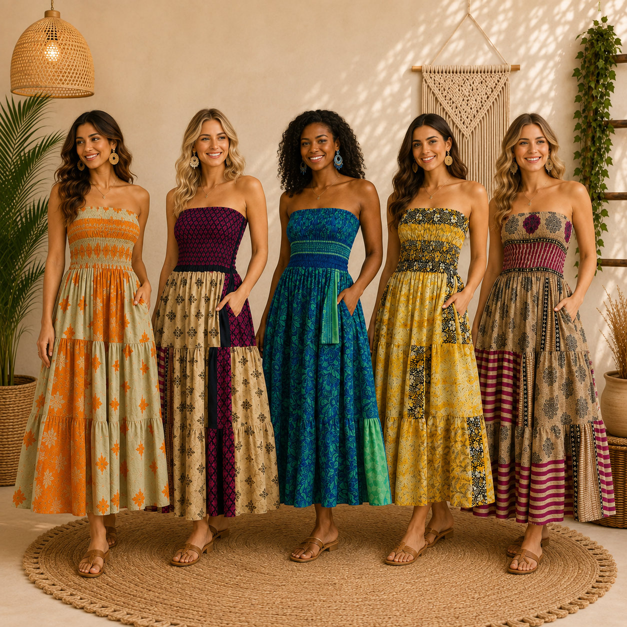 Handmade silk strapless smocked maxi dress for women
