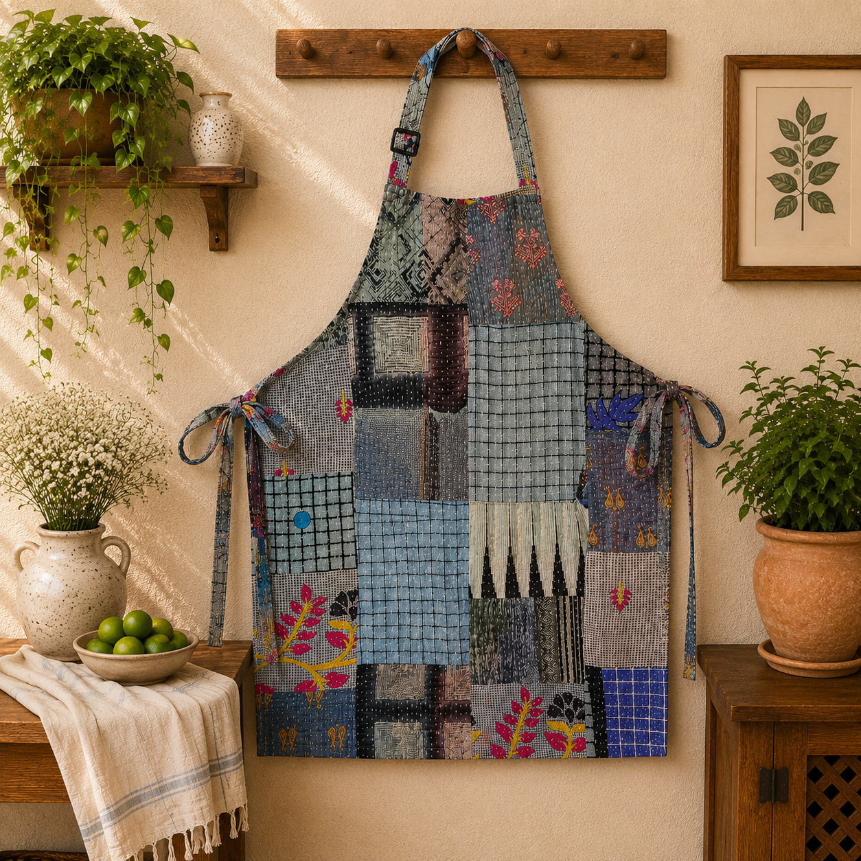 Blue Grey Vintage Kantha Patchwork Apron – Handmade Cotton Sari Kitchen Apron - Image 4