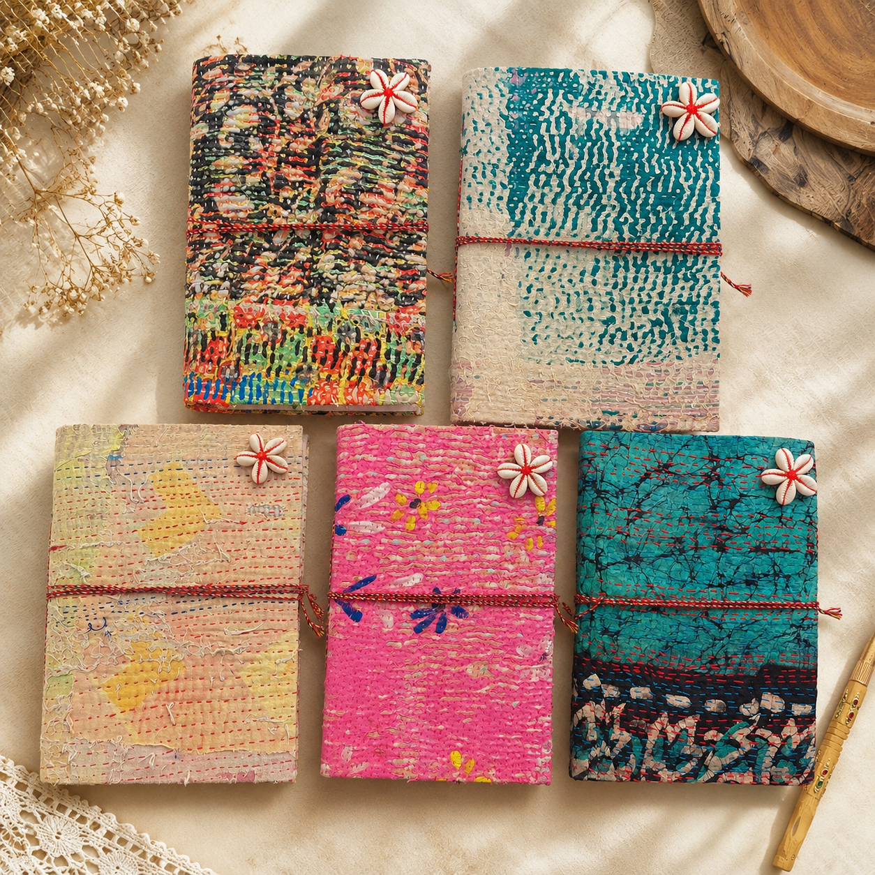 Set of 2 Vintage Kantha Handmade Journals – Recycled Sari Fabric Notebook, 100 Pages Boho Indian Diary