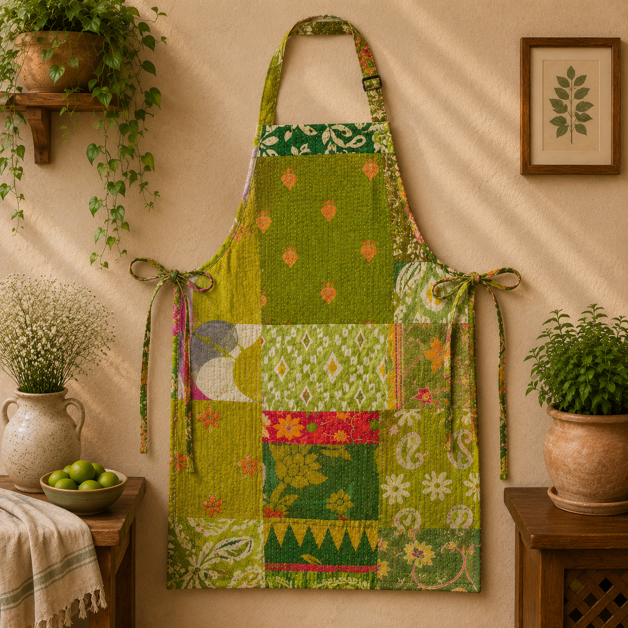Green Vintage Kantha Patchwork Apron – Handmade Cotton Sari Kitchen Apron - Image 3