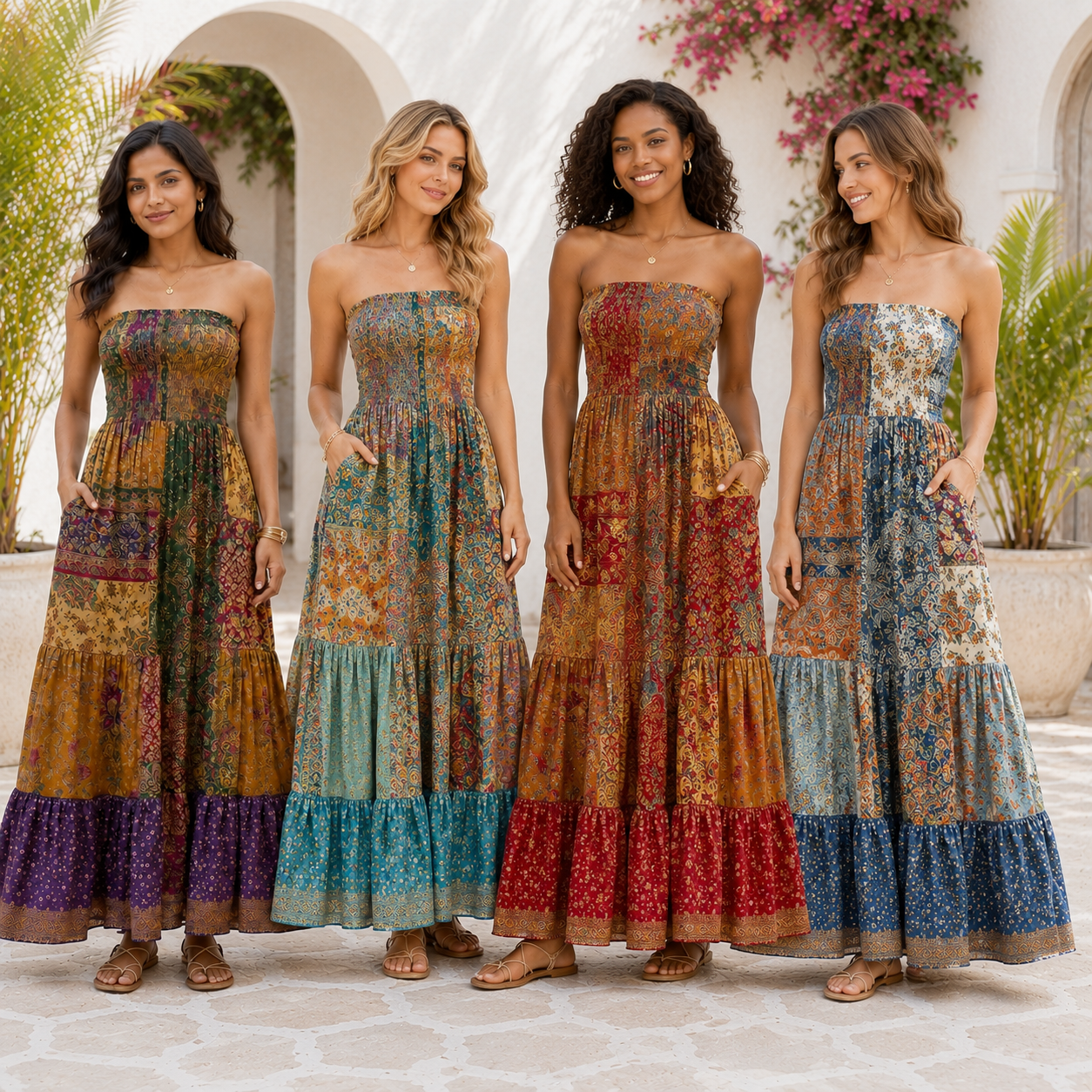 Handmade Silk Strapless Smocked Maxi Dress for Women – Boho Patchwork Summer Beach Dress with Pockets 25 Pcs Lot - Image 3