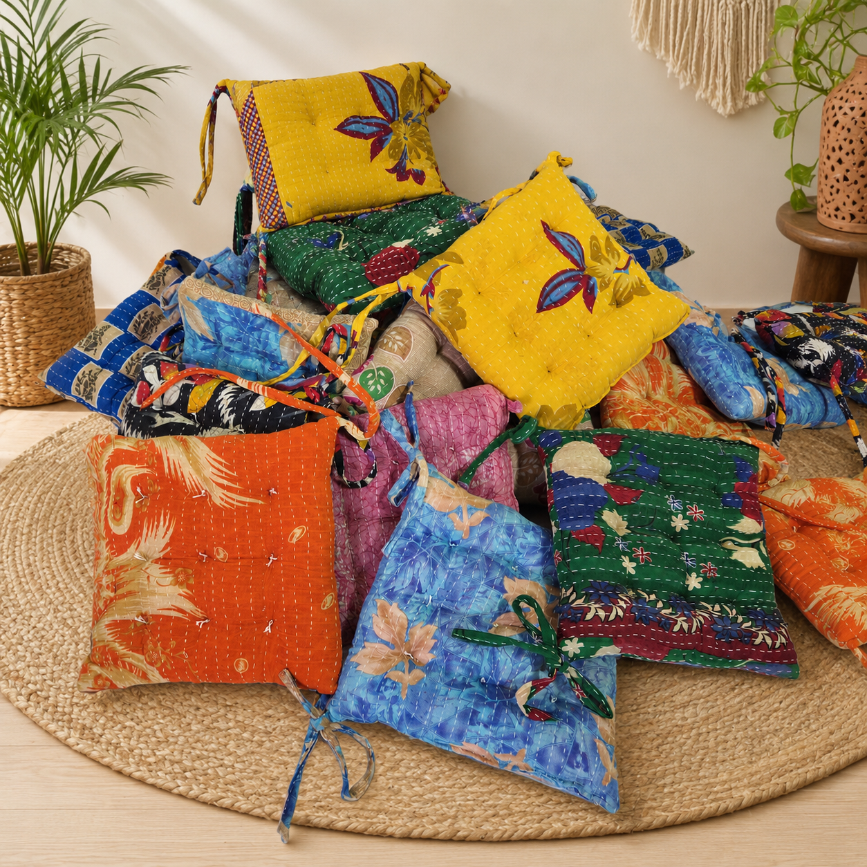 Vintage Kantha Chair Pad 15x15 Inches with Ties – Handmade Cotton Patchwork Seat Cushion – Boho Indian Chair Cushion – 1 Piece - Image 4